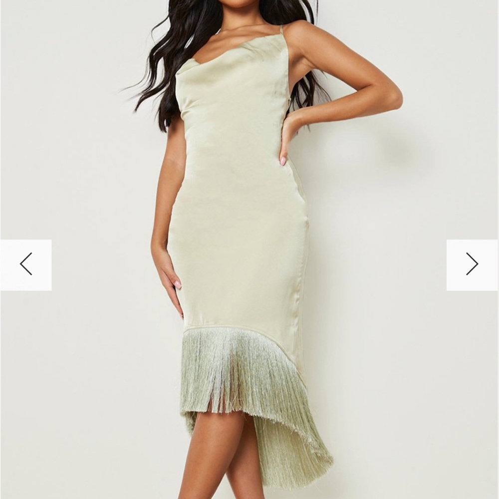 Sage green midi fringe dress